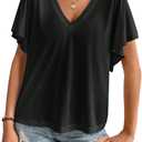 SweatyRocks Women's Summer Basic Short Sleeve Tops V Neck Blouse Casual Loose Going Out Top (Black)