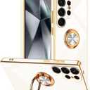 Tnarru Designed for Samsung Galaxy S25 Ultra Case with Ring Stand, Support Magnetic Car Mount Rotatable Finger Holder Soft TPU Cover Plating Edge Protective Slim Phone Case for Galaxy S25 Ultra White