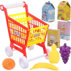 Kids Early Education Play Cart Toy Set - Fun Grocery Shopping Cart with Fake Fruits and Vegetables for Toddlers (Red)