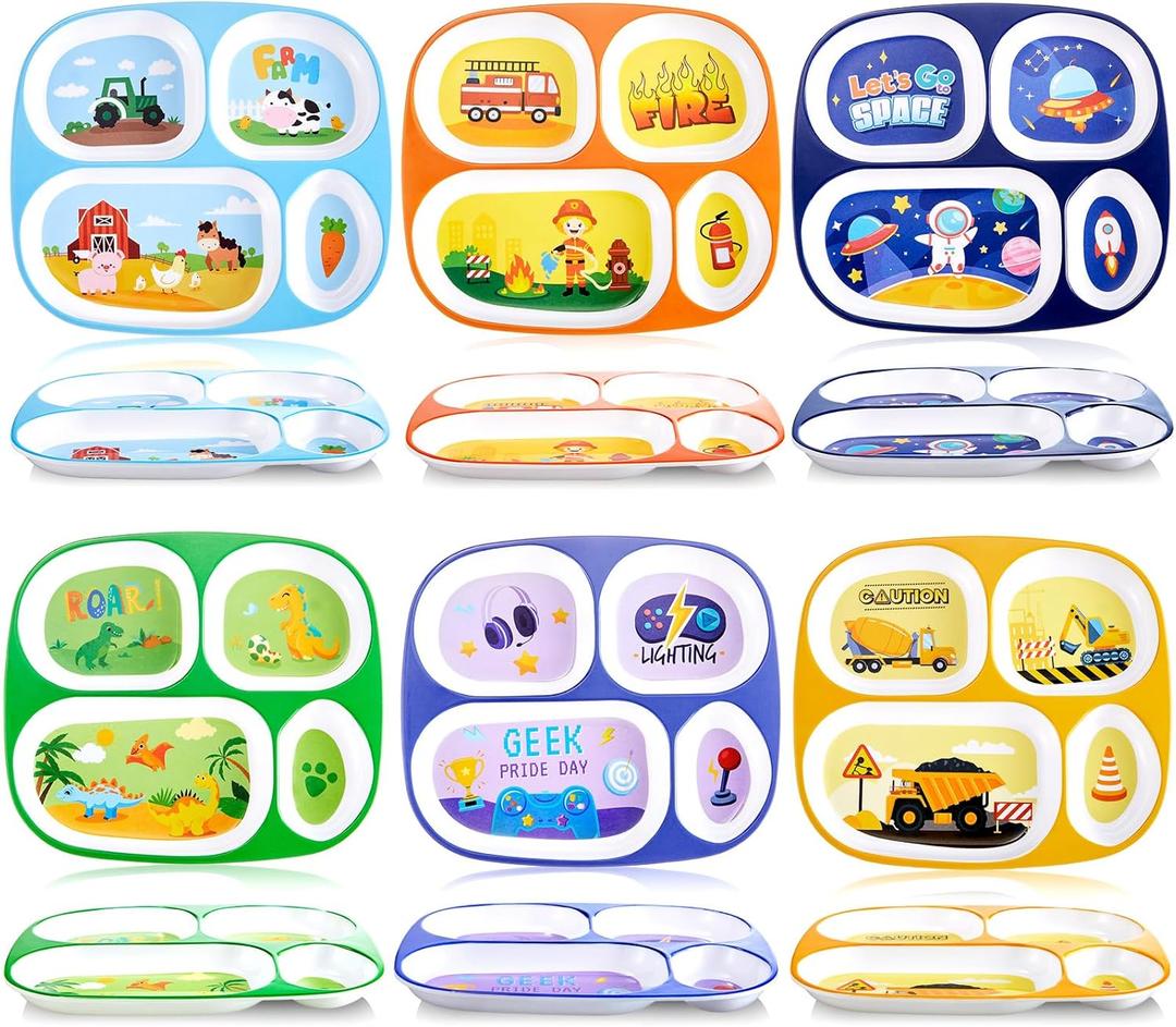 Hushee 6 Pcs 9.4 x 8.2 Inch Dinner Plate for Kids Girls Boys Cute Toddler Divided Plates Plastic Funny Serving Dishes for Construction Dinosaur Firefighter Farm Game Console Astronaut Animal