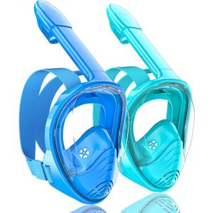 QingSong Kids Snorkel Mask Full Face, Snorkeling Set with Camera Mount, Foldable 180 Degree Panoramic View Snorkeling Gear Anti-Fog Anti-Leak (X-Small, Blue/Lake Blue)