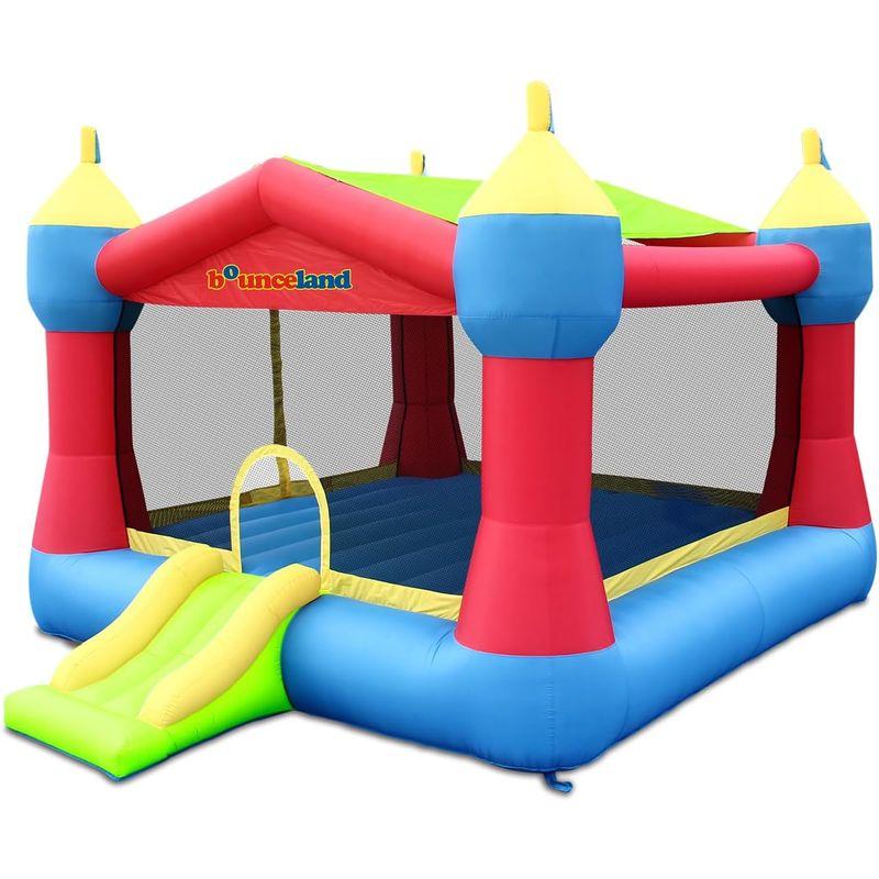 Bounceland Inflatable Party Castle Bounce House Bouncer, 16 ft L x 13 ft W x 10.3 ft H, Basketball Hoop, Removable Sun Roof, UL Strong Blower included, Fun Slide and Bounce Area, Castle Theme for Kids