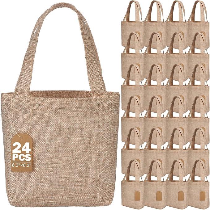 Aliceset 24 Pcs Mini Burlap Tote Bags with Handles Reusable Burlap Gift Bags with Tags Small Wedding Welcome Bridesmaids Jute Bag Bulk for Party Supplies DIY Craft (6.3 x 6.3 x 2.8 Inch,Light Brown)