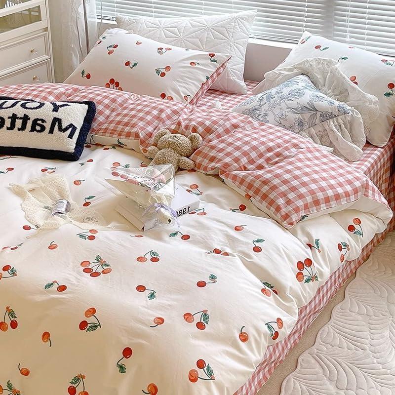 Full Size Duvet Cover - White & Red Cherry Pattern on Side A, Checked Pattern on Side B, Comforter Cover Soft & Lightweight Microfiber Quilt Cover with Zipper Closure and 2 Pillowcases