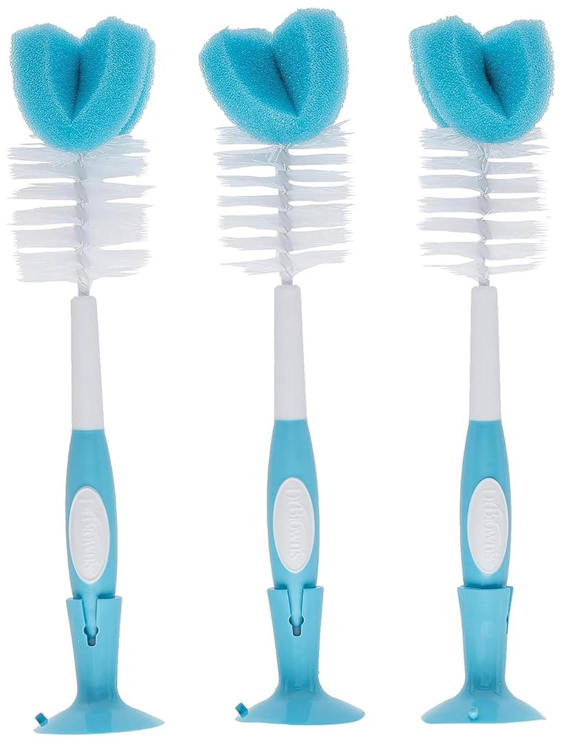 Dr. Brown's Reusable Sponge Baby Bottle Cleaning Brush Set with Suction Cup Stand, Scrubber and Nipple Cleaner, Blue 3-Pack