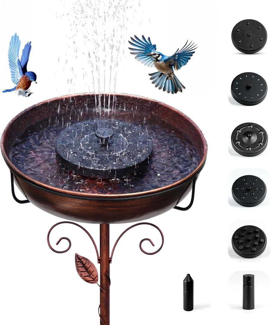 Solar Bird Bath Fountain, Green Metal Stand, 7 Nozzle, Outdoor Garden Decor (Bronze)