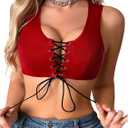 OYOANGLE Women's Pu Leather Push Up Bras Tie Front Wireless Bralettes Party Club Cropped Tops (Red) Small