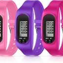 Silicone Fitness Tracker Watch 3 Pcs Walking Running Pedometer Calorie Burning and Step Counting Bracelet Steps Pedometer Watch for Walking Men Women Kids (Pink, Purple, Rose)