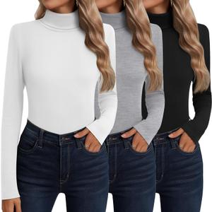 Neer 3 Pack Cotton Women's Turtleneck Long Sleeve Tops Thermal Underwear Base Layer Fall Winter Shirts Sweater (Medium, Black, Light Gray, White)