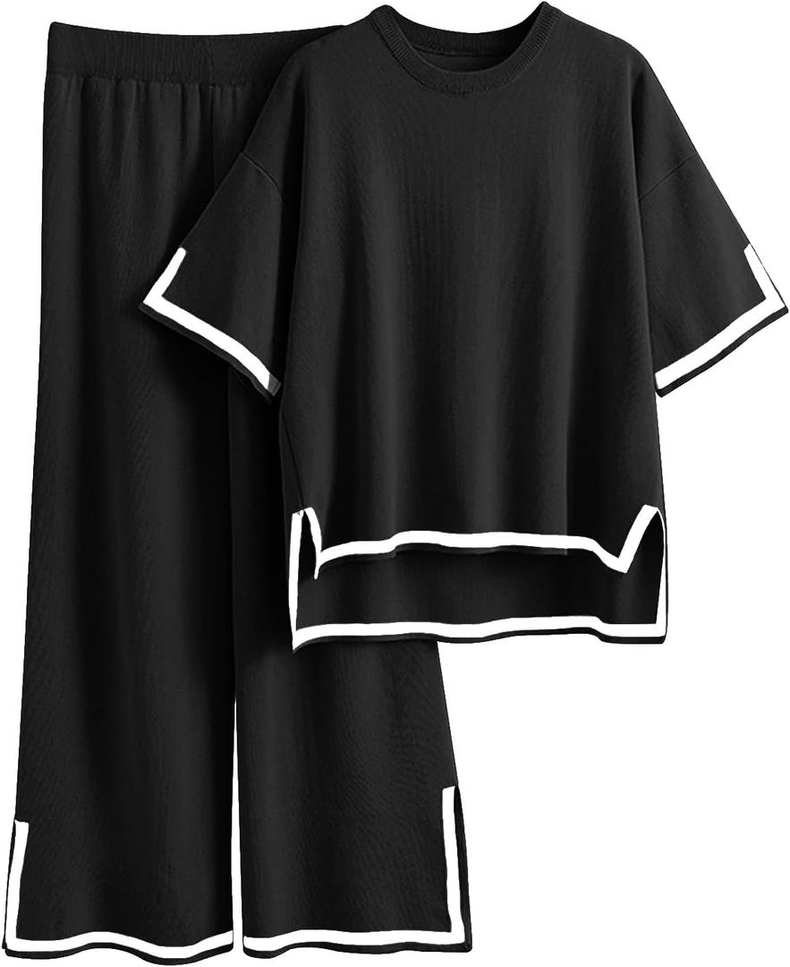 Imily Bela Womens Plus Size Lounge Sets 2 Piece Outfits Short Sleeve Pullover Tops Wide Leg Pants Summer Travel Outfits (Black, XXXL)