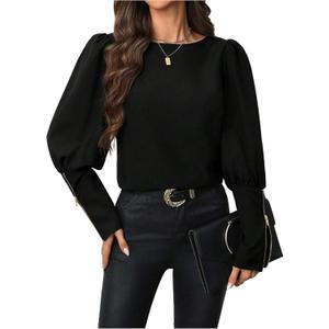 Floerns Women's Puff Sleeve Blouse Tops Crew Neck Zipper Dressy Casual Shirts,S