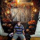 Kate 7x5ft Autumn Thanksgiving Farm Pumpkin Lanterns Decoration Photography Backdrops Rustic Wooden Door Fall Yellow Flowers Leaves Pumpkin Harvest Photo Background Shooting