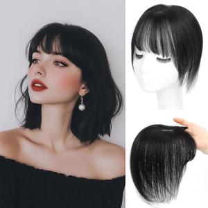 Hair Toppers for Women Real Human Hair, 360 3D Cover Toppers Hairpieces for Women with Thinning Crown Wispy Clip in Bangs Realistic Scalp Hairline (Black, Wispy Bangs)