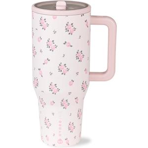 HydroJug Traveler - 40 oz Water Bottle with Handle & Flip Straw - Fits in Cup Holder, Leak Resistant Tumbler-Reusable Insulated Stainless Steel & Rubber Base - Gifts for Women & Men, Wildrose
