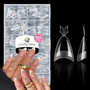 Almond Nail Tips, 504PCS Pre Etched Half Cover Fake Nails Tips, 12 Sizes Medium Almond Shape Clear Soft Natural Acrylic Press On Gel Nail Extensions DIY Salon