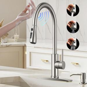 Touch On Kitchen Faucet, 3 Modes Pull Down Sprayer, Touch On Sensor Activated, Ceramic Disc Valve, 360-Degree Rotation,1 or 3 Hole Deck Plate. (Brushed Steel, KW-69SN)