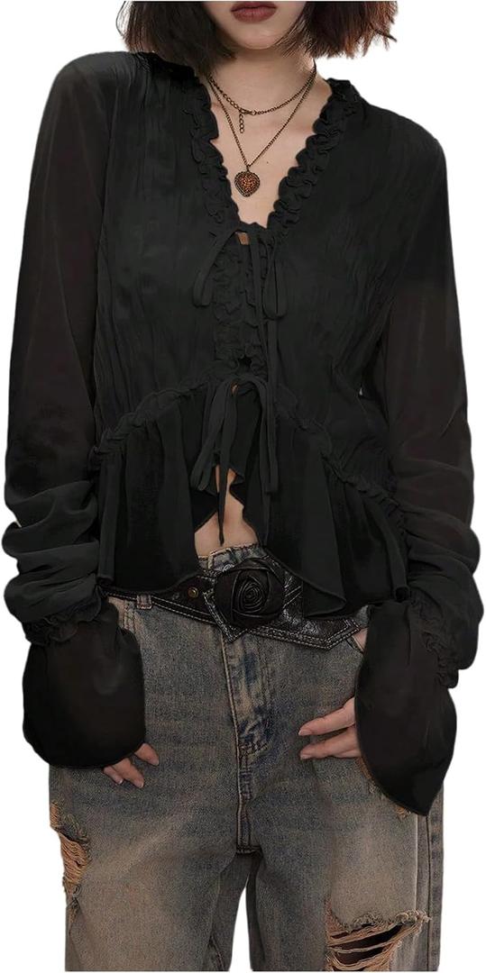 MakeMeChic Women's Long Sleeve Chiffon Mesh Blouse Ruffle Trim Tie Boho Crop Fairy Tops L