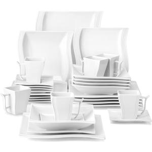 MALACASA Ivory White Dinnerware Sets, 30-Piece Porcelain Plates and Bowls Sets, Modern Dish Set for 6, Square Plates Dinnerware Set Kitchen Dishware Sets, Microwave and Dishwasher Safe, Series Flora