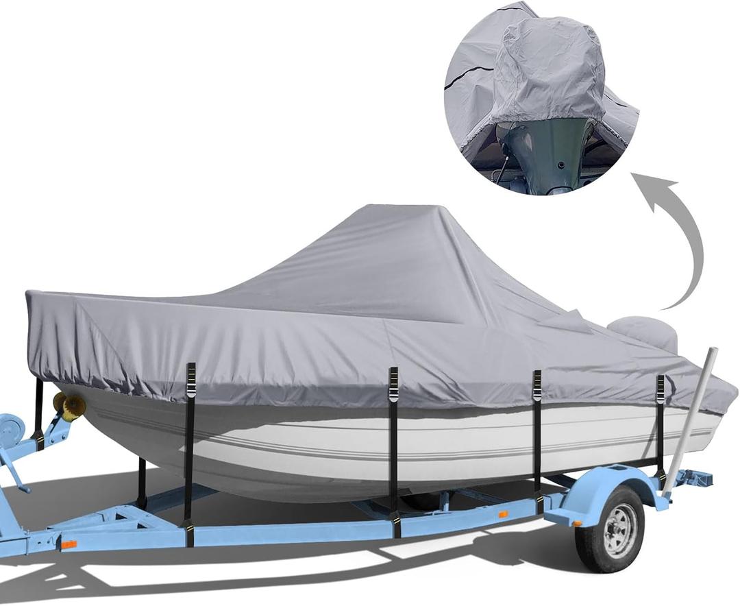 Center Console Boat Cover, 900D Heavy Duty Boat Center Console Cover, Waterproof Boat Covers 20-22 FT with Motor Cover and Metal Windproof Adjustable Buckle, Gray (20'-22' Length , Beam Width up to 106" W)