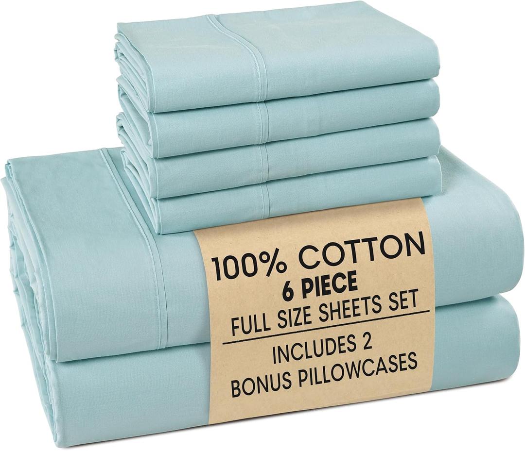 Casa Platino Full Sheets Sets  100% Cotton Full Sheets Cooling with 4 Pillowcases, 15" Deep Pocket Fitted Sheet, Crisp & Smooth Feel, Ultra Soft & Cozy, Fit  Blue Sky