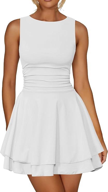 Kaximil Women's Ruffle Hem Boat Neck Mini Dress Sleeveless Ruched Corset Short Party Dresses Size L