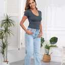 PALINDA V Neck Slim Fitted Shirts for Women Basic Casual Short Sleeve T Shirts Going Out Tops Sexy Y2K Tees (Blue, XL)