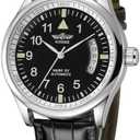 VIGOROSO Men's Mechanical Watches Day Date Black Leather Automatic Self Winding Watch for Men