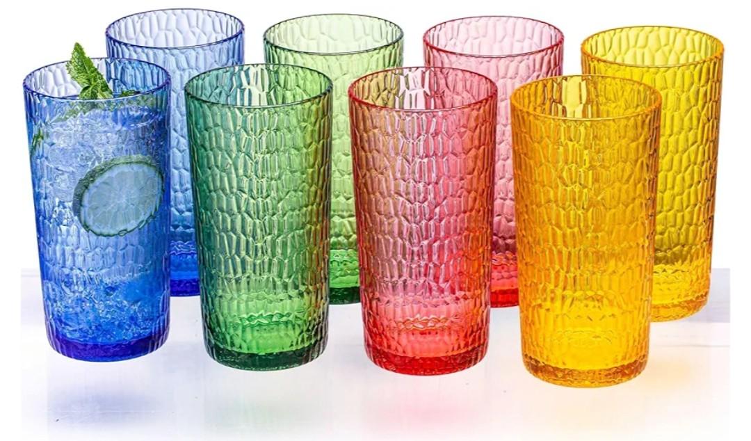 22oz Colorful Acrylic Glasses Drinkware (Set of 8), Honeycomb Stackable Shatter-Proof Plastic Tumblers, Reusable Plastic Drinking Glasses, BPA-Free, Dishwasher-Safe