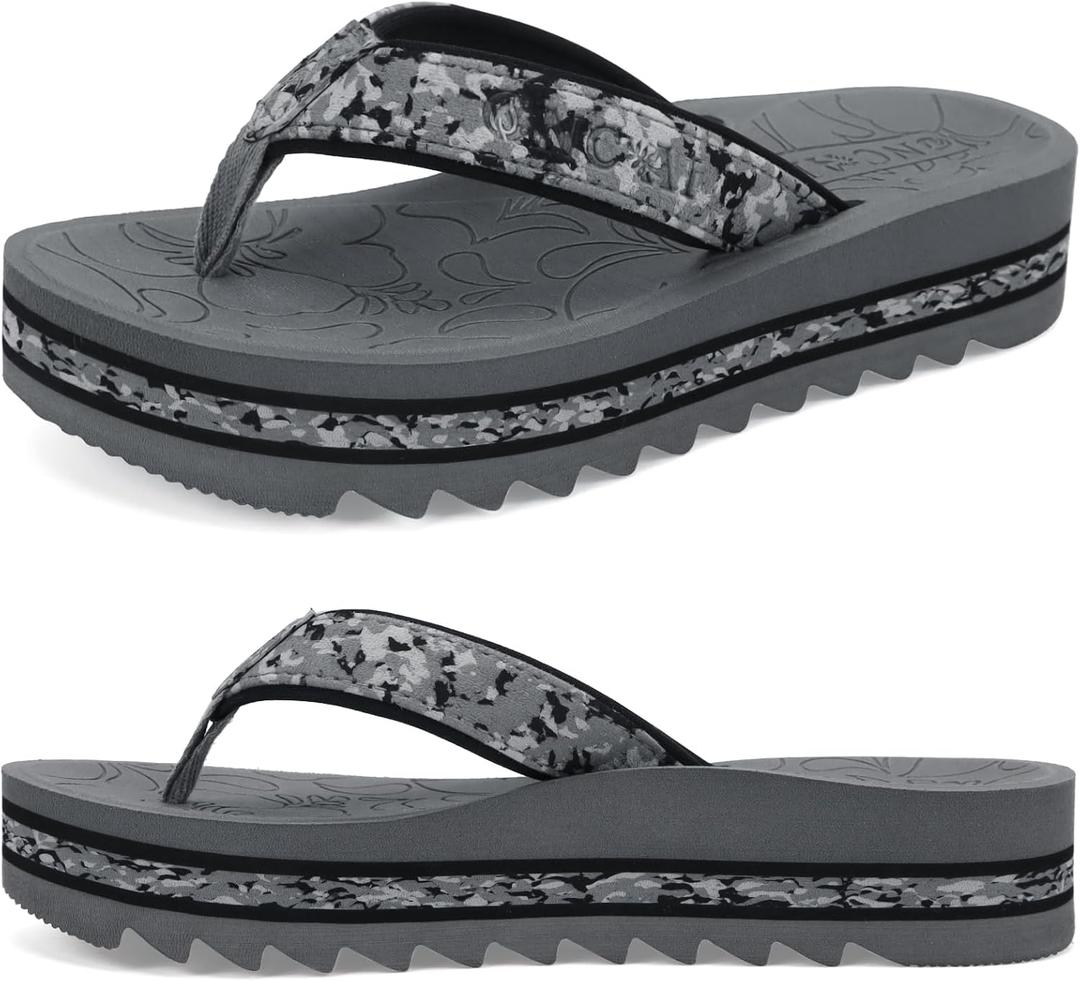 ONCAI Flip Flops for Women, Fashion Printed Platform Sandals Woman with Arch Support Yoga Mat Cushion, Lightweight Summer Beach Outdoor Chunky Non-Slip Rubber Soles US Size 5-11 (Gray)