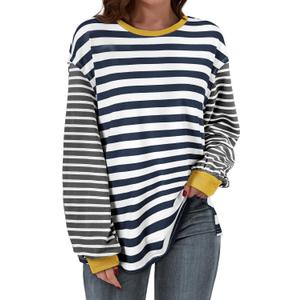 BLENCOT Women's Oversized Patchwork T Shirts Fall Long Sleeve Striped Color Block Loose Fit Pullover Tops (M)