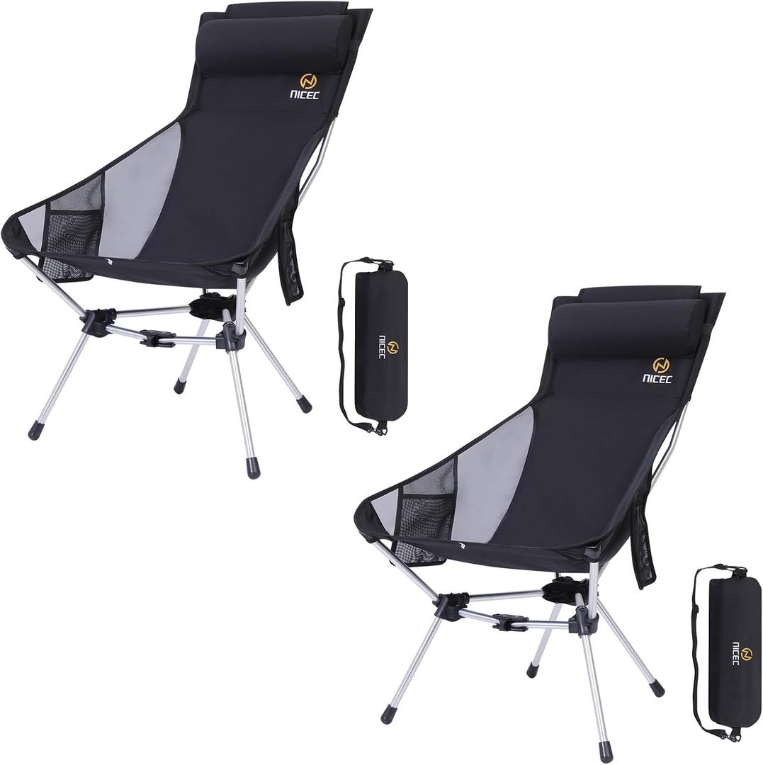 Nice C Ultralight High Back Folding Camping Chair, Collapsible Backpacking Chair, Compact & Heavy Duty Outdoor, Travel, Picnic, Festival with 2 Side Pockets, Pillow &Carry Bag (Set of 2 Black)