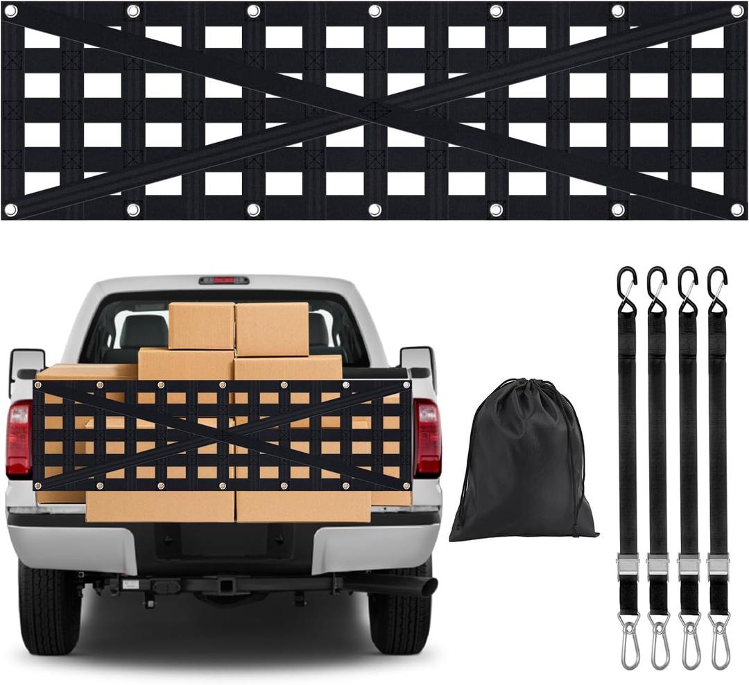 Heavy Duty Tailgate Net for Truck Bed, Cargo Net Durable Truck Bed Extender Tailgate Cargo Net with 4 Adjustable Buckle Straps, Perfect for Trailer, Pickup, Boat, Jeep, SUV(60"x18")