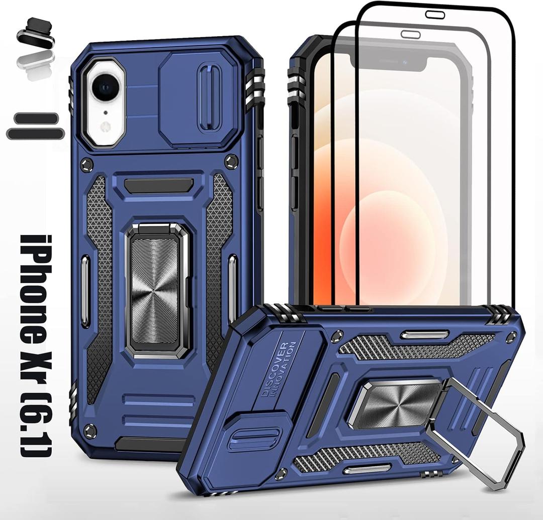 Heavy Duty Case for Apple iPhone Xr/10R, Military Grade Dual Layer Hybrid Cushioning Rubber Bumper Protector with Slide Camera Protector, Built-in 360 Degree Swivel Stand -Blue