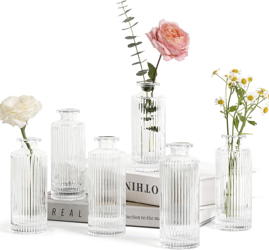 ComSaf Small Vases for Flowers Mini Clear Glass Bud Vases in Bulk, Mini Flower Vase, Vases for Centerpiece, Ribbed Vase Set, Wedding Table Ceterpiece, Home Decor, Housewarming Gift (Clear) (6 Pcs)
