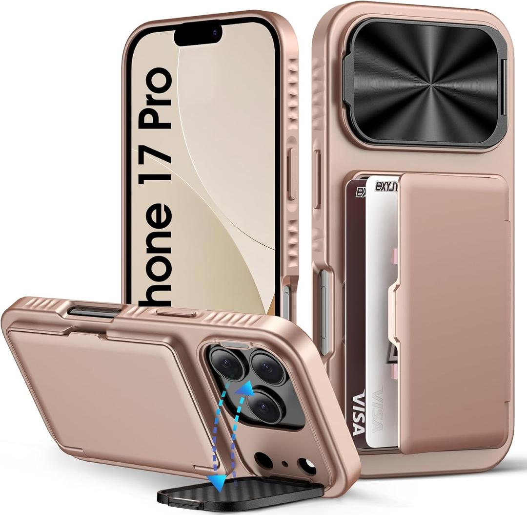 for iPhone 17 Pro Wallet Case with Camera Cover Stand, Card Holder (3-5 Cards), Military Grade Drop Protection, Heavy Duty Women Men Phone Case for iPhone 17 Pro 6.3" 2025, Rose Gold