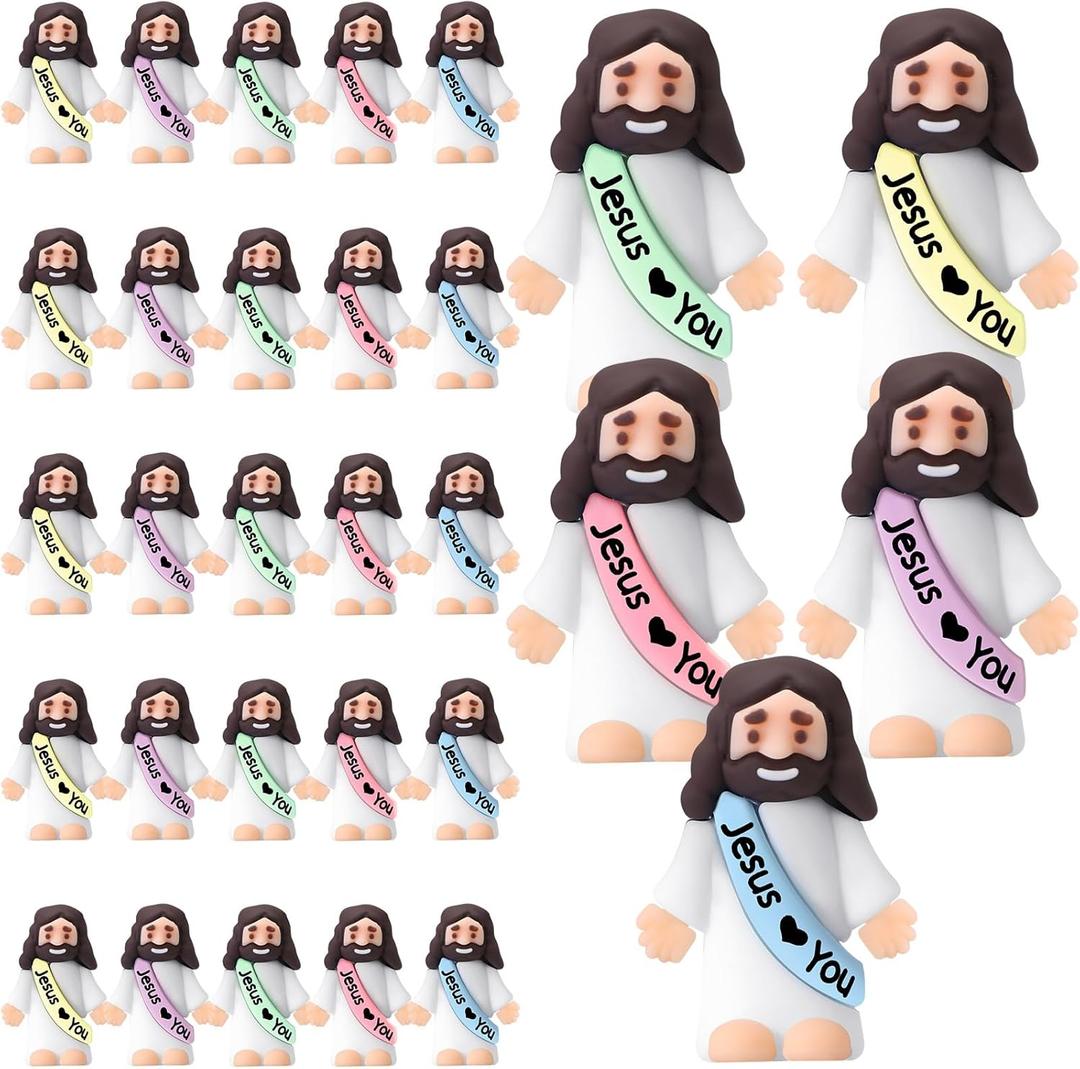 Bememo 25 Pcs Little Jesus Figures Original Design Jesus Love You Mini Rubber Toys to Hide and Seek Christmas Religious Party Favors Sunday School Baptism Gifts(Macaron Colors)