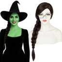 Brown Black Witch Wig and Glasses Accessories for Adult Women 80CM Long Brown Braided Wig+Cap for Halloween Witches Costume Party Cosplay
