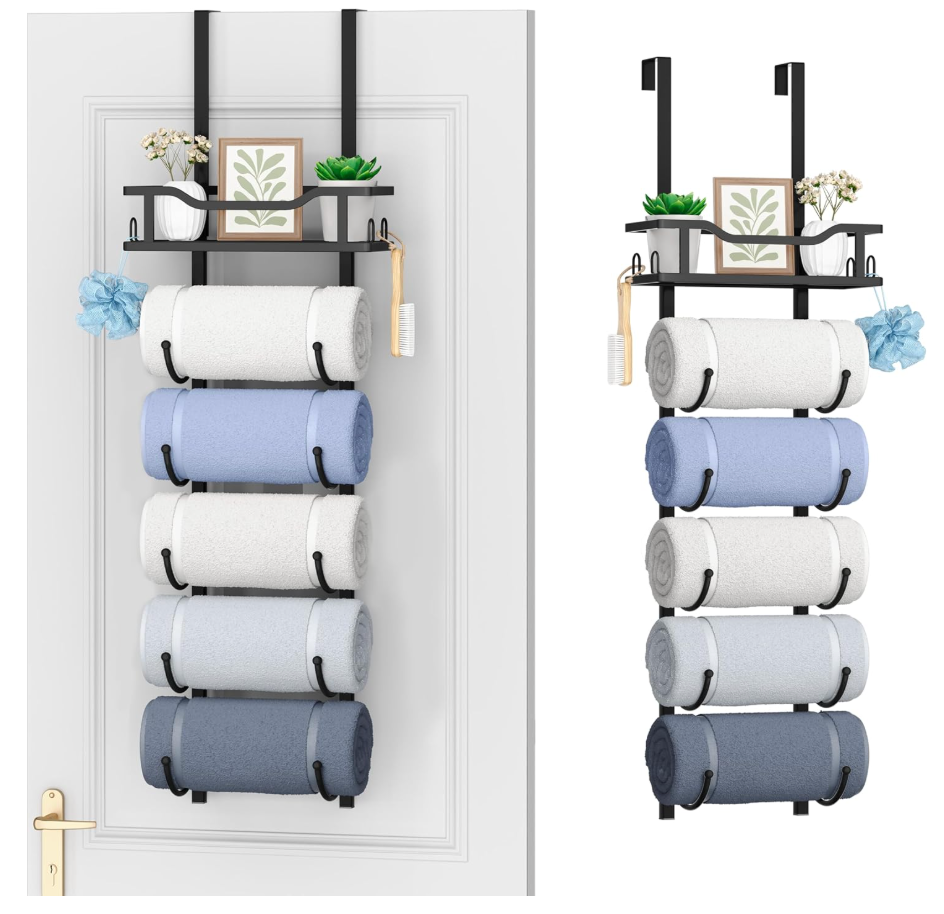 SWTYMIKI Over the Door Towel Rack - 6 Tier Towel Racks for Bathroom Wall Mounted, Towel Holder with Shelf, Hanging Rolled Towel Storage Organizer for Small Bathroom, Camper, RV, Black