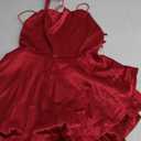 Women Sexy Backless Short Romper Satin Dress Cowl Neck Tie Ruffle Layer Spaghetti Strap Jumpsuit Mini Dress (Small, Red)