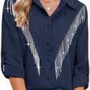 MYMORE Womens Rhinestone Fringe Button Down Shirt Rolled 3/4 Sleeve Sparkly Top Concert Nashville Western Cowgirl Outfit Size M