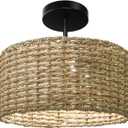 Boho Light Fixtures Ceiling Mount, 12.6" Rattan Ceiling Lights, 3-Light Hand Woven Semi Flush Mount Ceiling Light Fixture, Farmhouse Wicker Ceiling Lights for Bedroom Hallway Entryway Kitchen