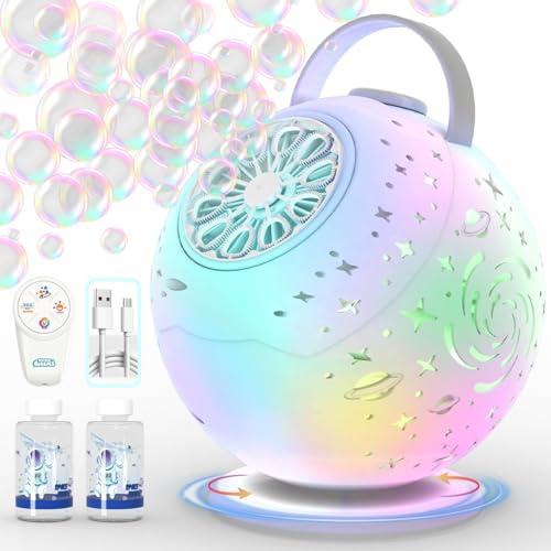 Rechargeable Bubble Machine - Auto 90°/360° Rotation, Remote Control(65-131ft), 9-Color LED, Larger Bubbles Design, Bubbles Maker Toys Gifts for Kids, Toddlers, Birthday, Parties, Wedding, Boys, Girls