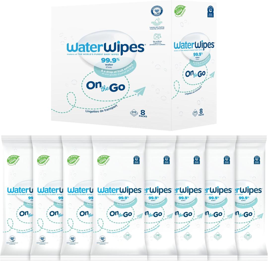 WaterWipes On The Go Wipes, 99.9% Water, 3-In-1 Cleans, Cares, Protects, Unscented & Hypoallergenic, 224 Count (8 Packs), Packaging May Vary