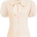Belle Poque Womens Vintage Victorian Shirts Cotton Long Sleeve Ruffle Button Down Casual Blouses Tie Neck Work Tops, XL, Beige