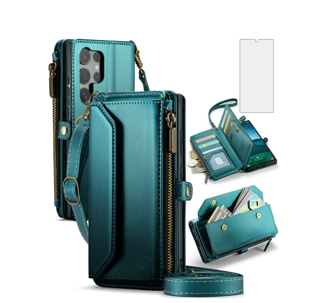 Asuwish Compatible with Samsung Galaxy S25 Ultra 5G Zipper Wallet Phone Case Tempered Glass Screen Protector Crossbody Lanyard Strap Flip Card Holder Slot Cell Cover for S25Ultra 25S S 25 Women Green