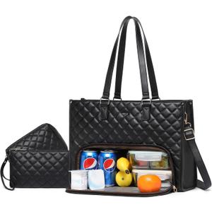 Keyli 3PCS Sets Lunch Tote bag for Women,15.6 Inch Laptop Work Bag with Insulated Lunch Box Compartment Computer Handbag (1.0-black)