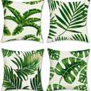 Bonhause Tropical Leaves Throw Pillow Covers 18 x 18 Inch Set of 4 Green Palm Leaf Decorative Pillow Cases Polyester Linen Outdoor Cushion Covers for Sofa Couch Garden Home Decor