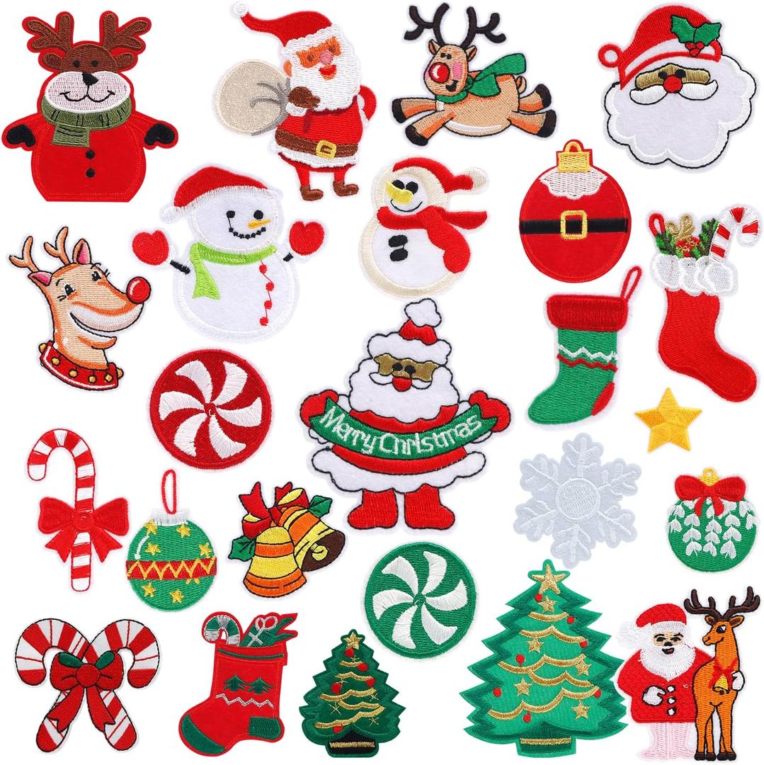 ANUTRION 24pcs Christmas Iron-on Patches Kit - Embroidered Sew Applique Repair Patch, Assorted Styles Xmas Patches for Craft, Clothing, Decoration & DIY Gifts