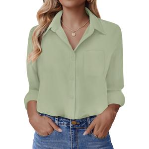 HOTOUCH Button Down Shirt for Women Basic Work Office Drop Shoulder Blouse Casual Loose Long Sleeve Tops with Pocket (Medium, Light Green)