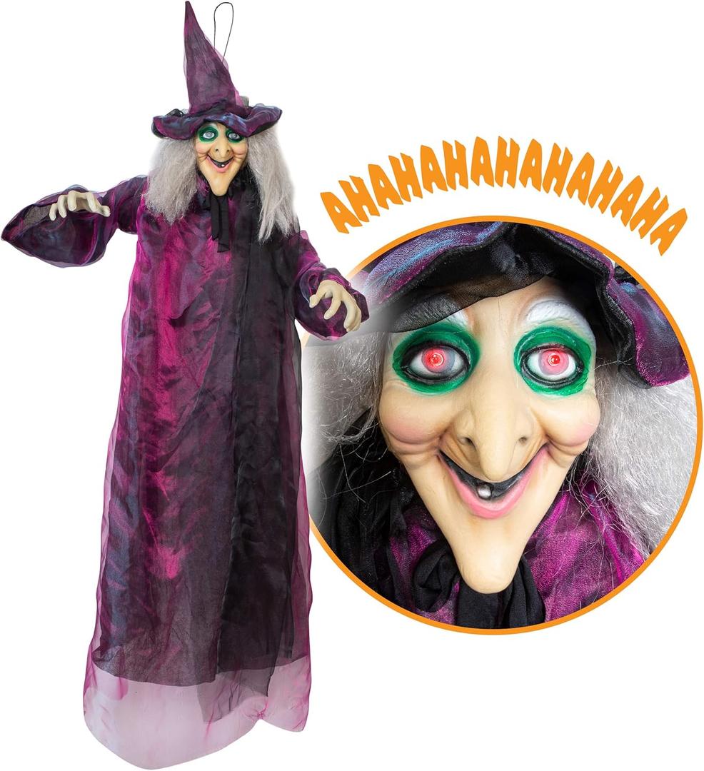 Besti Life Size Hanging Witch Halloween Decor (71 Inches) | Sound & Touch Activated Talking Halloween Decorations | Witch Props Excellent Choice for Haunted House | Indoor & Outdoor Animated Prop